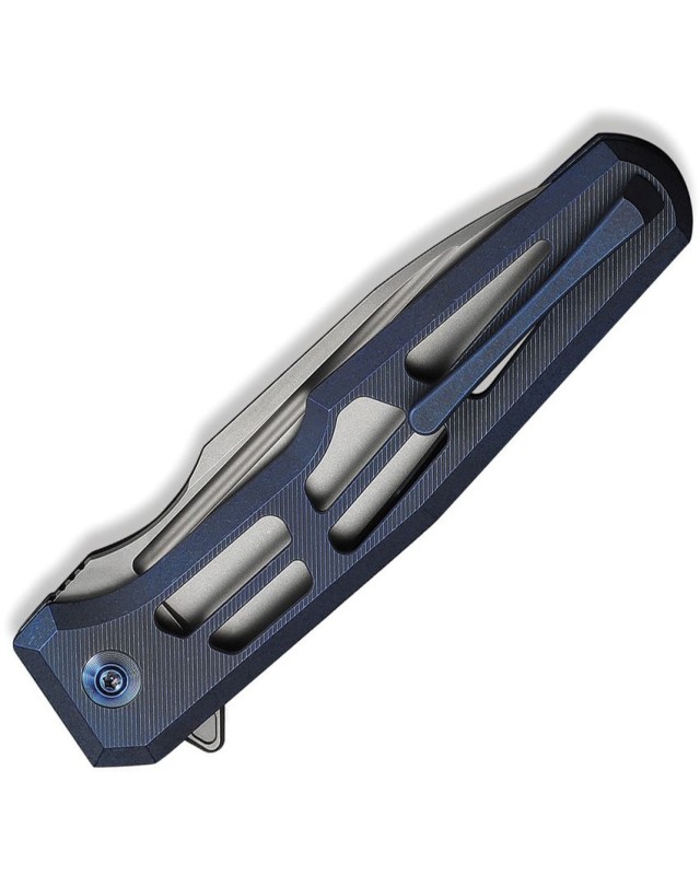 We Knife Dressytak Stonewashed Bohler M390 Steel Blade Skeleton Blue Anodized Titanium Handle Button lock