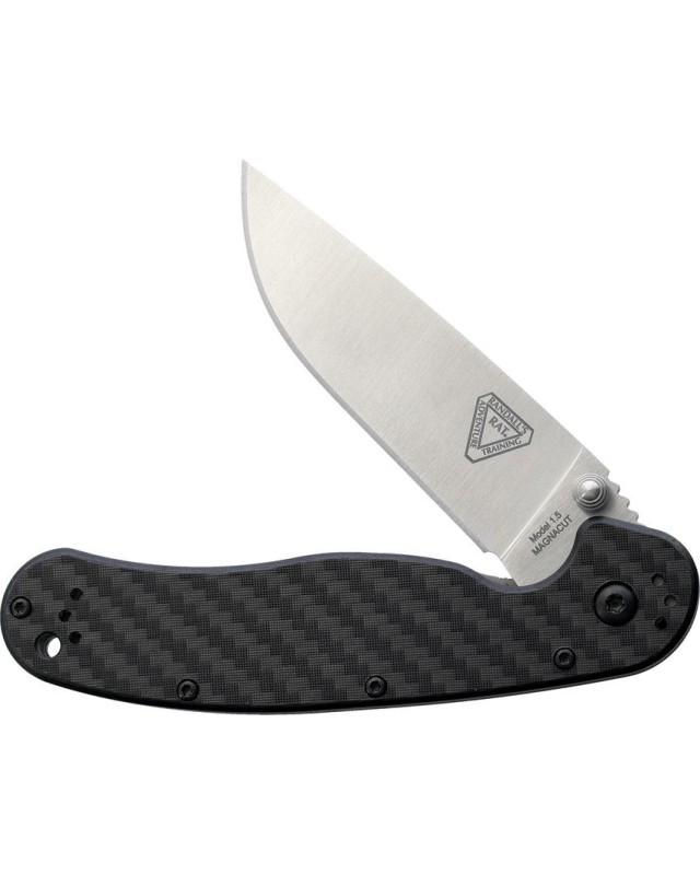 Ontario RAT 1.5 MagnaCut steel drop point satin finish blade Black G10 / Carbon Fiber handle