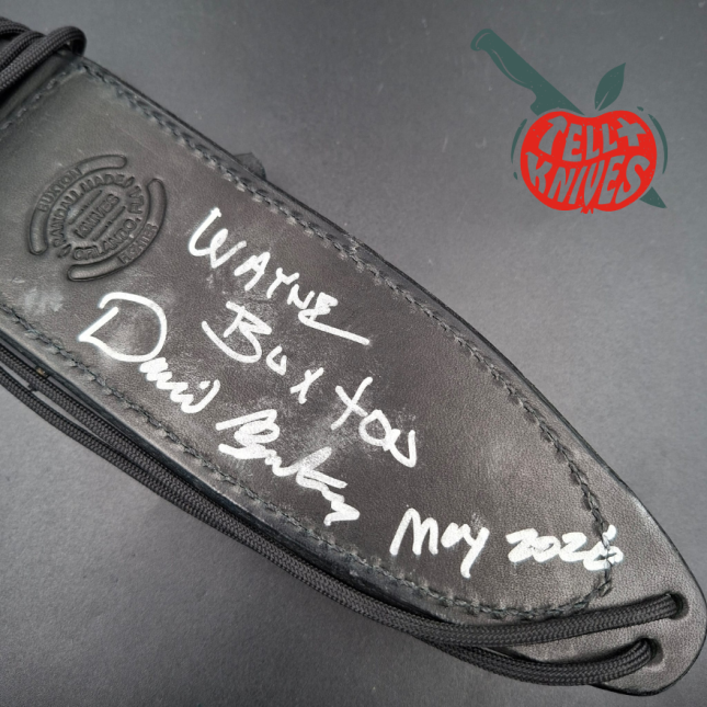Randall Buxton Fighter Full Tang forged Stainless steel black micarta handle signed brown leather sheath