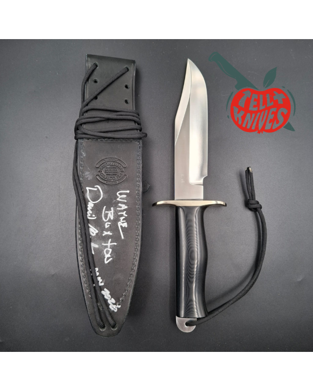 Randall Buxton Fighter Full Tang forged Stainless steel black micarta handle signed brown leather sheath