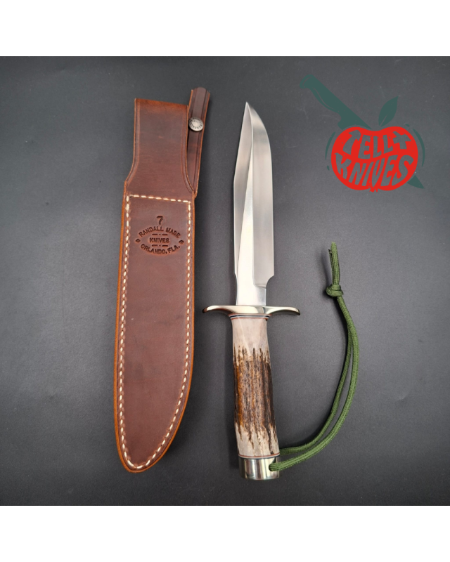 Randall Made Knives Model 1-7 forged stainless steel blade Nickel Silver guard Duralumin pommel stag leather handle