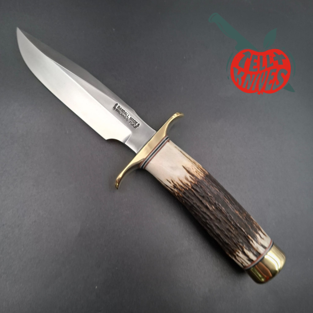 Randall Made Knives Model 1-5 forged carbon steel blade Brass guard and pommel stag leather handle