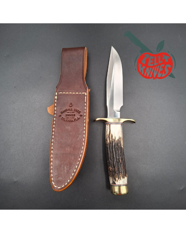 Randall Made Knives Model 1-5 forged carbon steel blade Brass guard and pommel stag leather handle