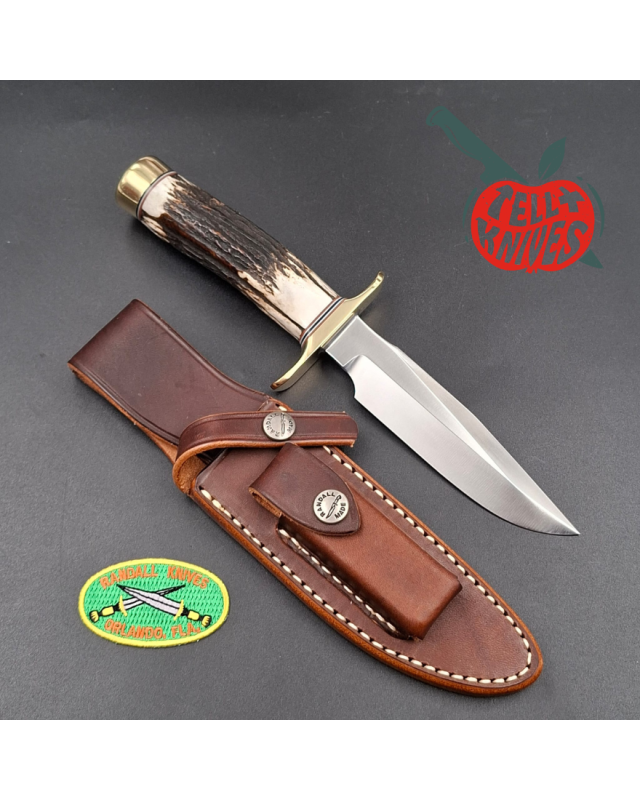 Randall Made Knives Model 1-5 forged carbon steel blade Brass guard and pommel stag leather handle