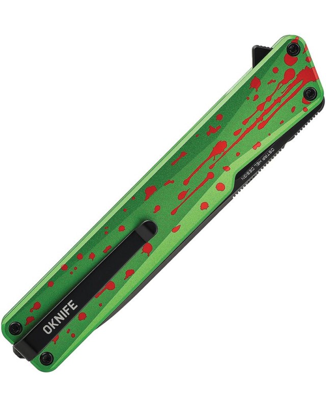 Oknife AION black DLC coated Nitro V steel blade zombie green aluminium handle