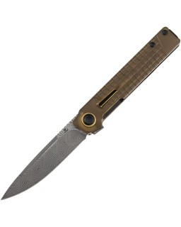 Tenable Kitpu Damascus stainless steel blade amber frag pattern PEI handle linerlock