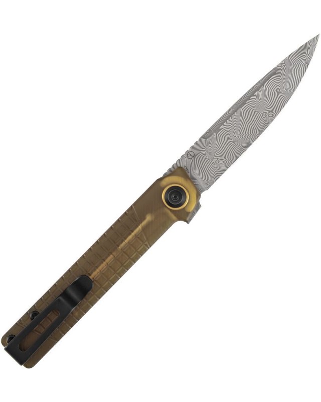 Tenable Kitpu Damascus stainless steel blade amber frag pattern PEI handle linerlock