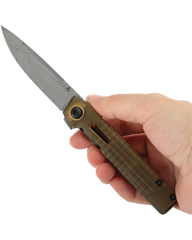 Tenable Kitpu Damascus stainless steel blade amber frag pattern PEI handle linerlock