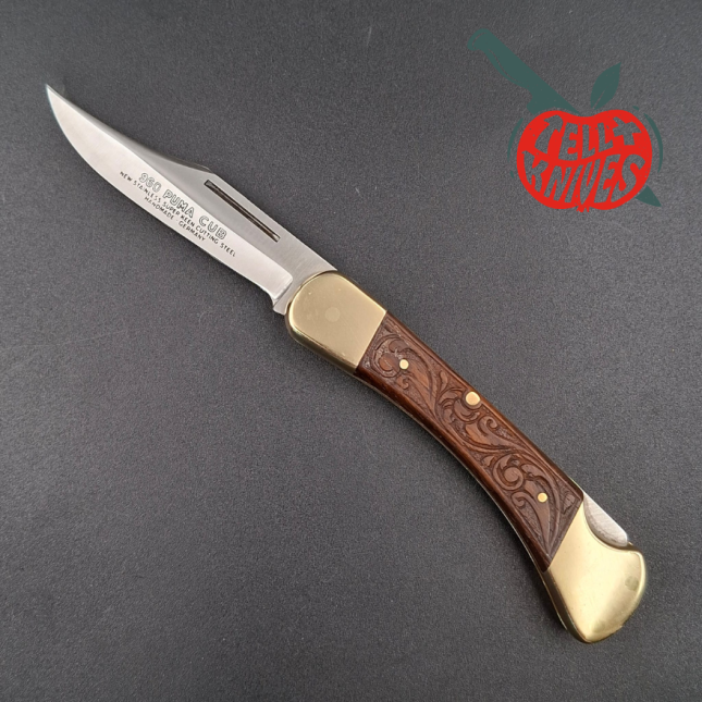 PUMA 1982 960 Puma Cub hunting folder stainless steel bowie blade brass bolsters engraved wood handle