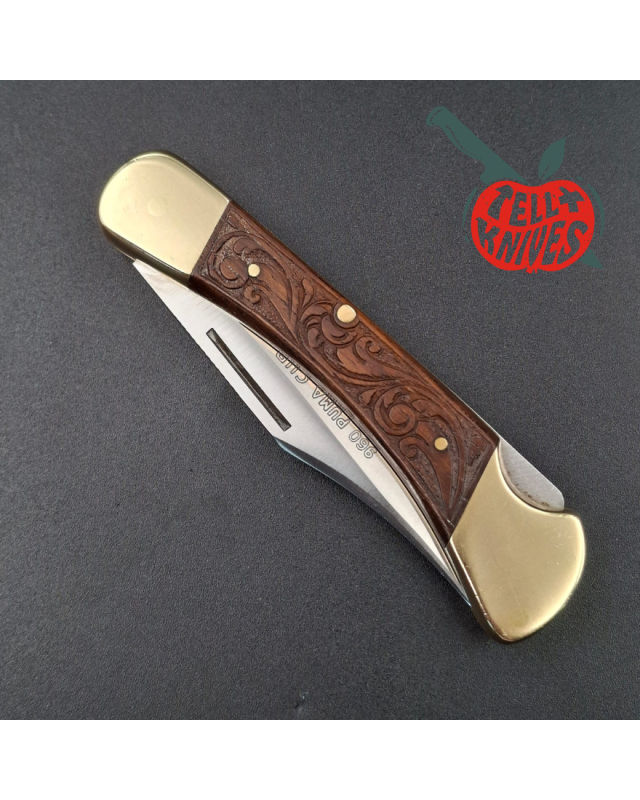 PUMA 1982 960 Puma Cub hunting folder stainless steel bowie blade brass bolsters engraved wood handle
