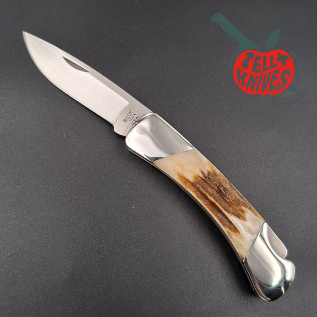 BUCK Knives 1990 500 hunting knife 420HC stainless steel stag handle black leather sheath