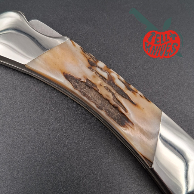 BUCK Knives 1990 500 hunting knife 420HC stainless steel stag handle black leather sheath