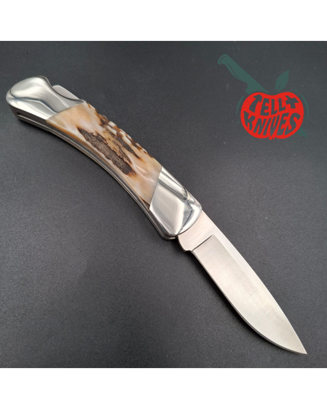 BUCK Knives 1990 500 hunting knife 420HC stainless steel stag handle black leather sheath