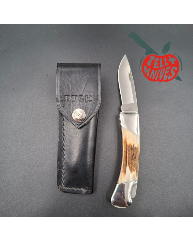 BUCK Knives 1990 500 hunting knife 420HC stainless steel stag handle black leather sheath