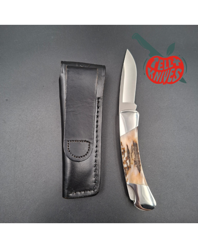 BUCK Knives 1990 500 hunting knife 420HC stainless steel stag handle black leather sheath