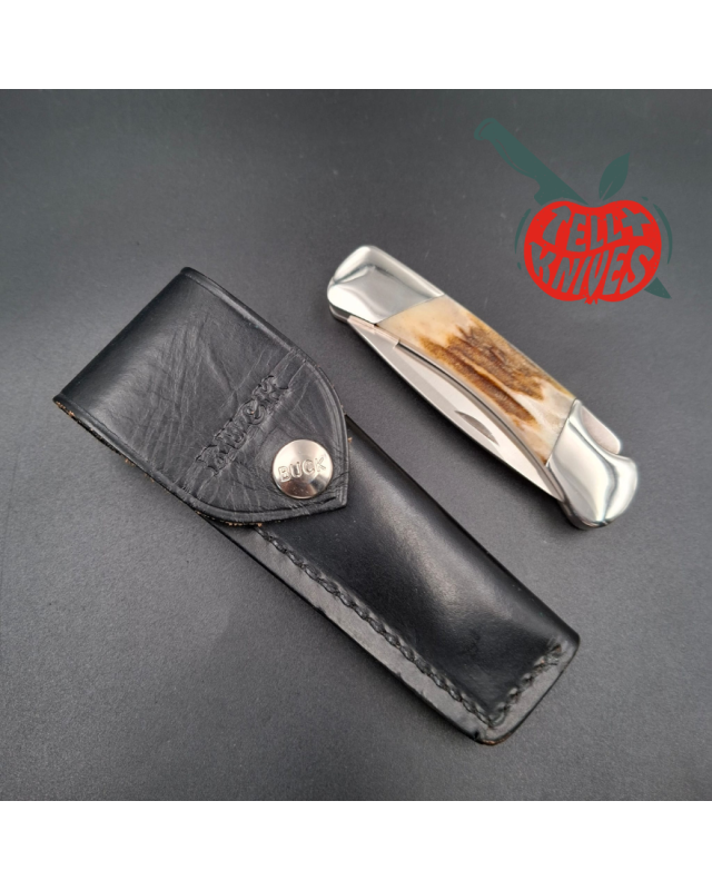 BUCK Knives 1990 500 hunting knife 420HC stainless steel stag handle black leather sheath