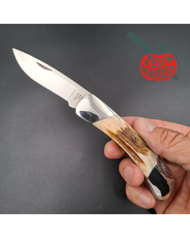 BUCK Knives 1990 500 hunting knife 420HC stainless steel stag handle black leather sheath