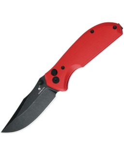 Petrified Fish Guppy N690 stainless steel blackwash finish blade red G10 handle