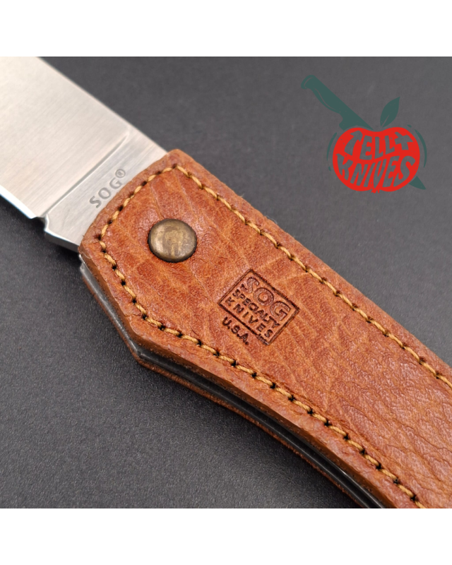 SOG Attache Large AUS8 stainless steel blade brown leather handle lockback