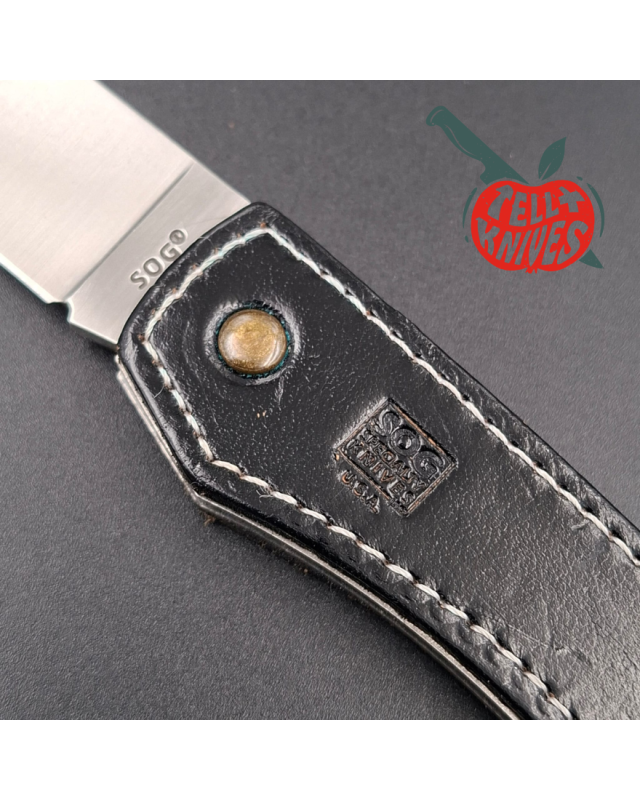SOG Attache Large AUS8 stainless steel blade black leather handle lockback