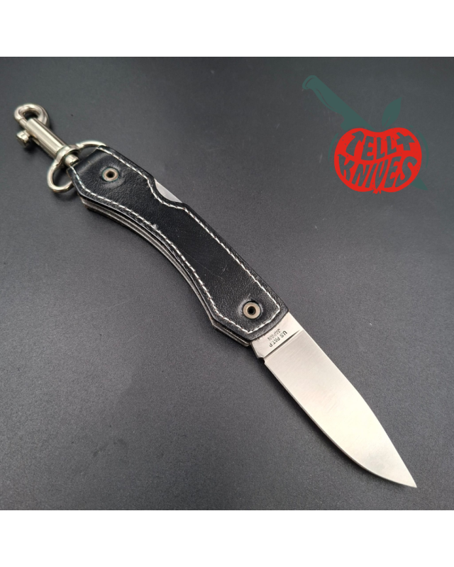 SOG Attache Large AUS8 stainless steel blade black leather handle lockback