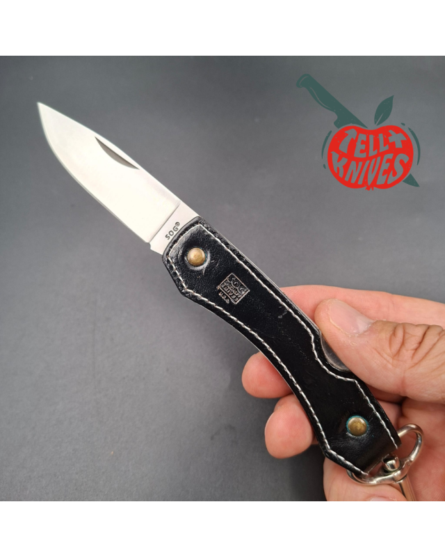 SOG Attache Large AUS8 stainless steel blade black leather handle lockback