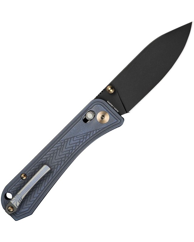 WE Knife Co Bougie Banter Crossbar Lock, lama in acciaio premium S45VN con finitura blackwash, manico in titanio blu