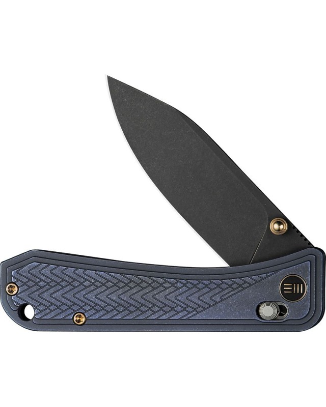 WE Knife Co Bougie Banter Crossbar Lock, lama in acciaio premium S45VN con finitura blackwash, manico in titanio blu