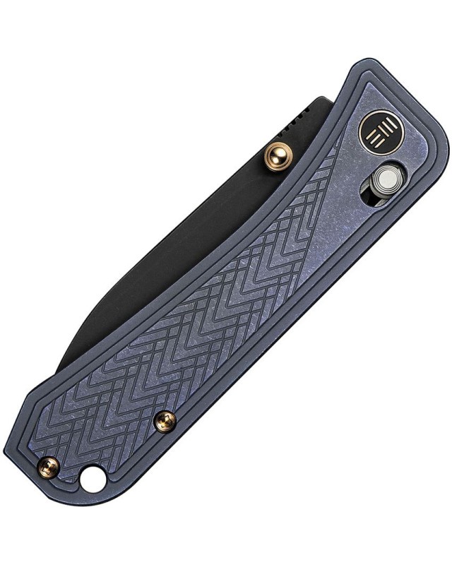 WE Knife Co Bougie Banter Crossbar Lock, lama in acciaio premium S45VN con finitura blackwash, manico in titanio blu