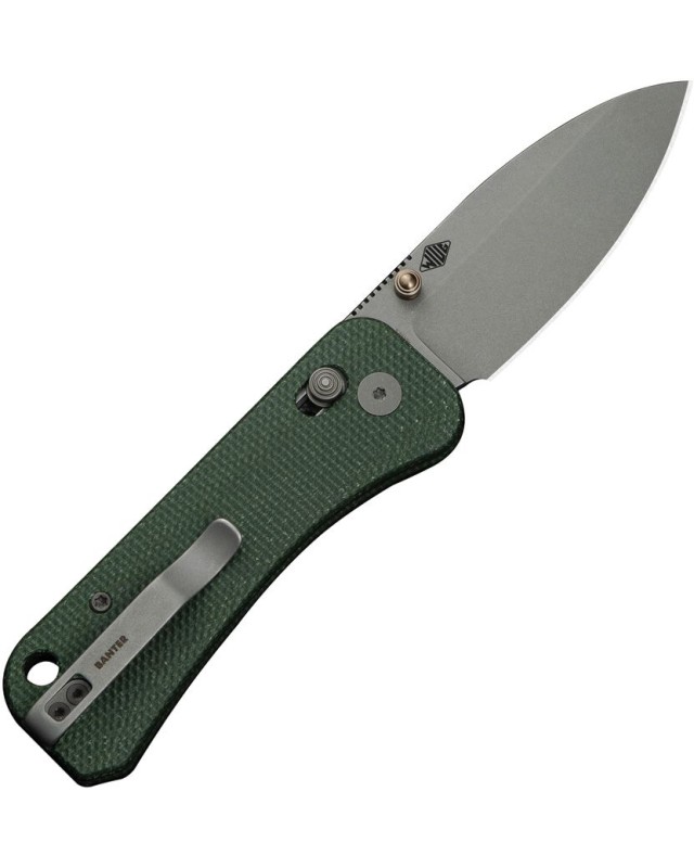 WE Knife Co Banter 2 con chiusura Crossbar Lock, lama in acciaio S35VN con finitura stonewash e manico in micarta verde