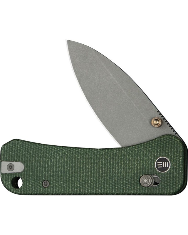 WE Knife Co Banter 2 con chiusura Crossbar Lock, lama in acciaio S35VN con finitura stonewash e manico in micarta verde