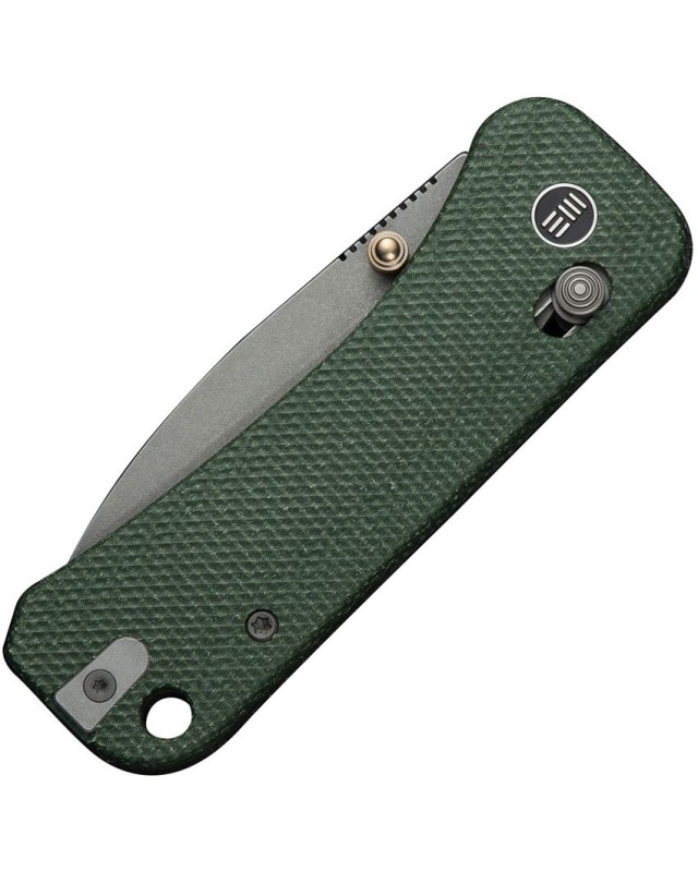 WE Knife Co Banter 2 con chiusura Crossbar Lock, lama in acciaio S35VN con finitura stonewash e manico in micarta verde
