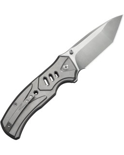 We Knife Co. Zentron Buttonlock M390 Premium-Stahl, satinierte Tanto-Klinge, grauer Titan-Griff