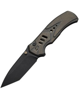 We Knife Co. Zentron Buttonlock M390 Premium Steel, blackwash finish, Tanto blade, bronze titanium handle