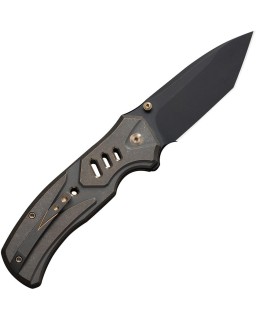 We Knife Co. Zentron Buttonlock M390 Premium Steel, blackwash finish, Tanto blade, bronze titanium handle