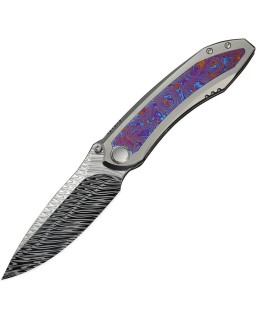 WeKnife Winsome, lama M390 Damasteel a incastro, chiusura Framelock, manico in titanio grigio sabbiato con intarsi in Timascus