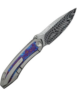 WeKnife Winsome, lama M390 Damasteel a incastro, chiusura Framelock, manico in titanio grigio sabbiato con intarsi in Timascus