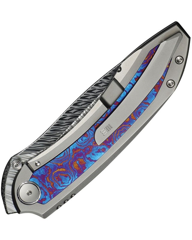 WeKnife Winsome, lama M390 Damasteel a incastro, chiusura Framelock, manico in titanio grigio sabbiato con intarsi in Timascus
