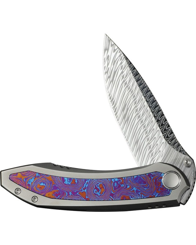 WeKnife Winsome, lama M390 Damasteel a incastro, chiusura Framelock, manico in titanio grigio sabbiato con intarsi in Timascus