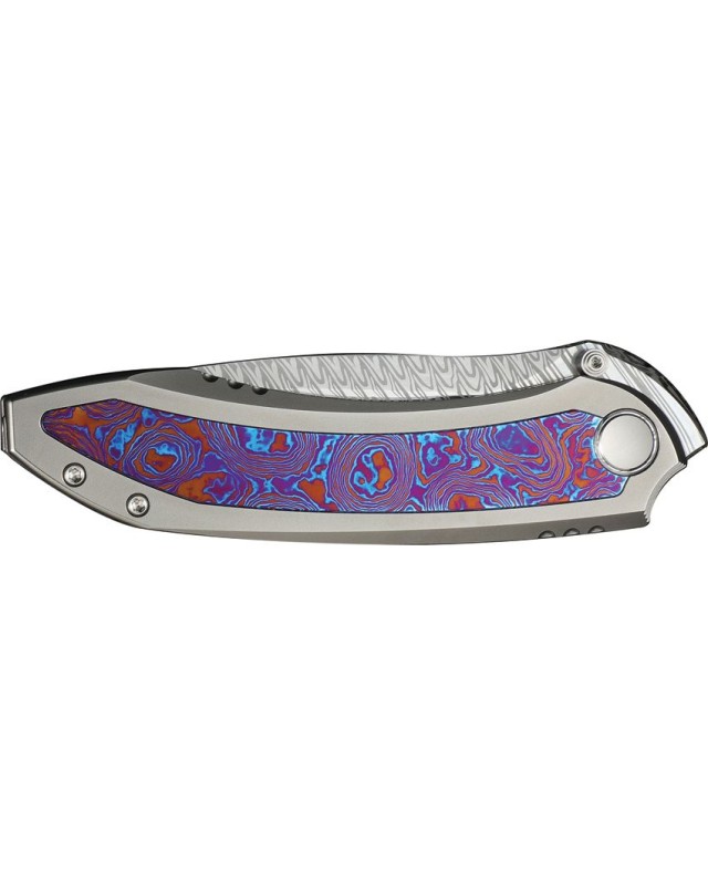 WeKnife Winsome, lama M390 Damasteel a incastro, chiusura Framelock, manico in titanio grigio sabbiato con intarsi in Timascus