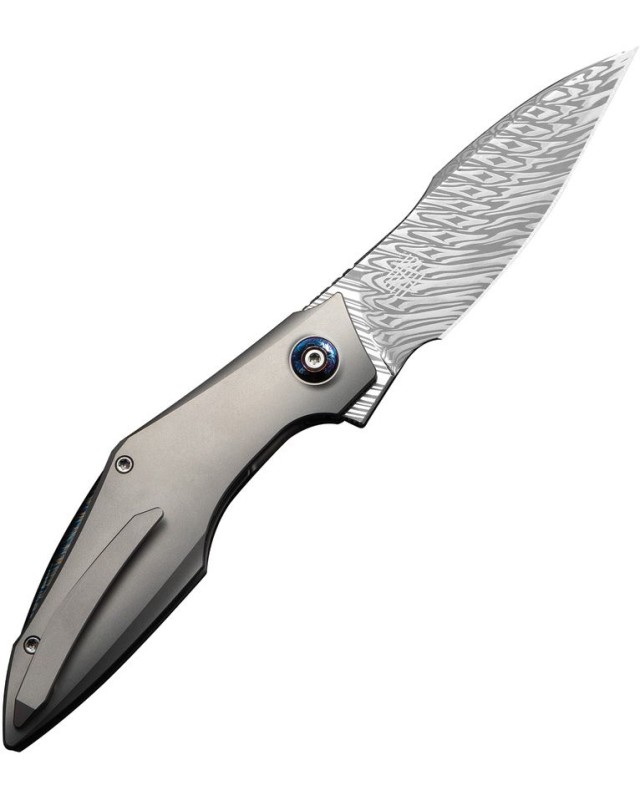 We Knife Co. Krait Snake Nested Framelock Fafnir con lama ricurva a forma di arpione in Damasteel e manico in titanio argentato