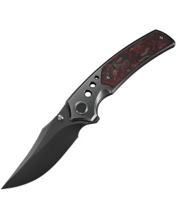 We Knife Skynix, graue, polierte Klinge aus Böhler M390-Stahl, dunkelgrauer, titanschwarzer und roter CF-Griff