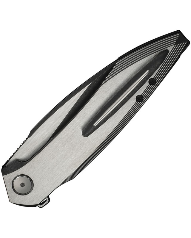 We Knife Fluxor Nested Linerlock Stonewash Satin Bohler M390 Edelstahl, schwarzer Satin-Titan-Griff