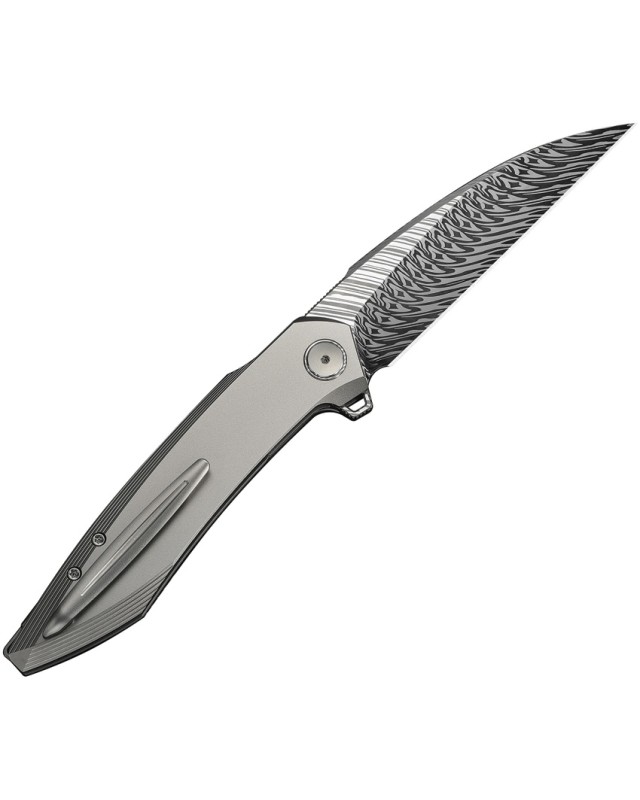 We Knife Fluxor Nested Linerlock aus Damaszenerstahl mit perlgestrahltem Finish und Titan-Griff