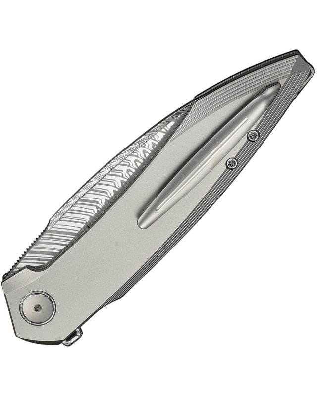 We Knife Fluxor Nested Linerlock aus Damaszenerstahl mit perlgestrahltem Finish und Titan-Griff