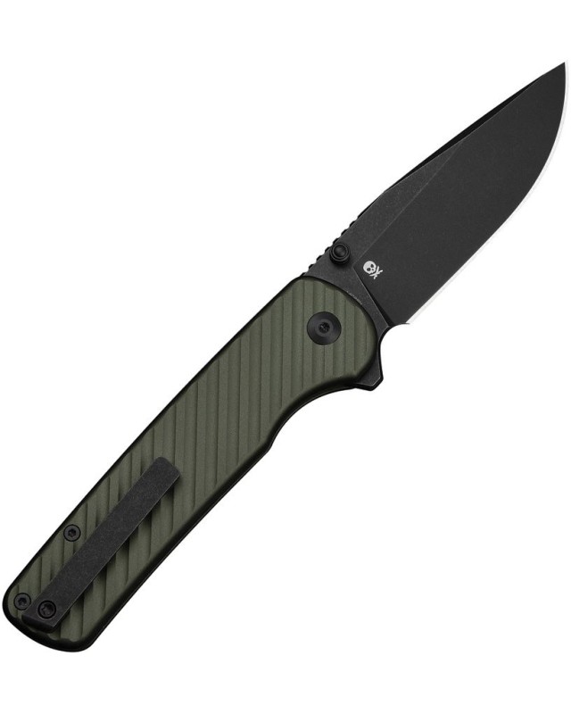 Coltello CIVIVI Iron Tide con lama 14C28N trattata "blackwashed" e chiusura a pulsante, manico in alluminio verde bosco