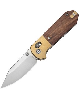 CIVIVI Yonder 14C28N stainless steel blade with a satin finish, Crossbar Lock, black wooden handle with brass bolsters