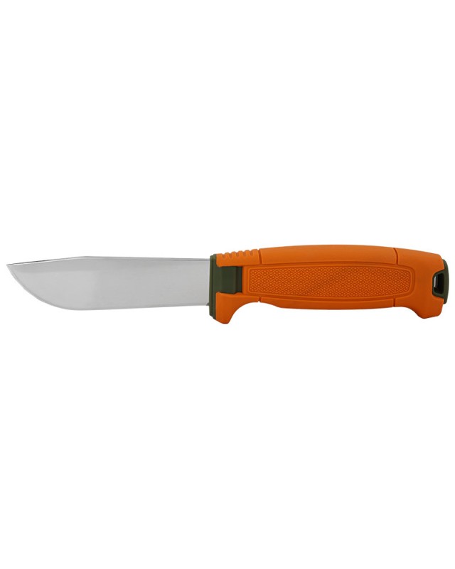 MORA Amberg Fullflat Hunting 14C28 stainless steel with burnt orange and green polymer handle and sheath