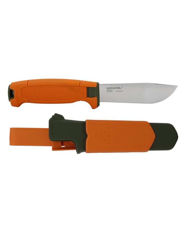 MORA Amberg Fullflat Hunting 14C28 stainless steel with burnt orange and green polymer handle and sheath