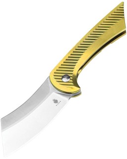 Dawn S35VN steel, stonewashed finish, cleaver-style blade, Framelock, gold titanium handle